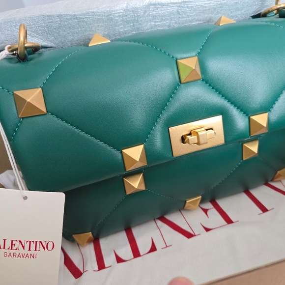 NWT VALENTINO GARAVANI Roman Rockstud Green Nappa Leather Satchel Crossbody Bag - Picture 7 of 11